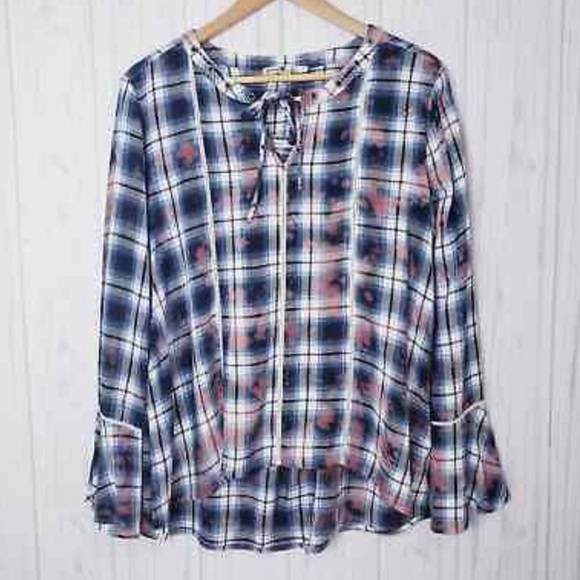 Seven7 Tie Dye Western Plaid Tie front Hi Lo Tunic with Fun Bell Sleeves Sz M - Picture 1 of 15